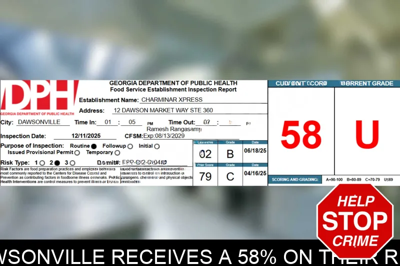 Charminar Xpress in Dawsonville receives a 58% on their recent health inspection mugshot