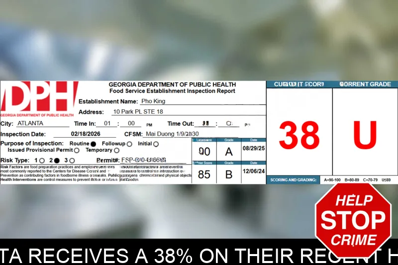 Pho King in Atlanta receives a 38% on their recent health inspection mugshot – Fulton County , Georgia Pho King in Atlanta receives a 38% on their recent health inspection mugshot