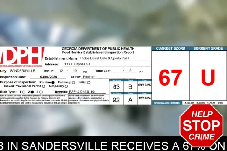 Pickle Barrel Cafe & Sports Pub in Sandersville receives a 67% on their recent health inspection