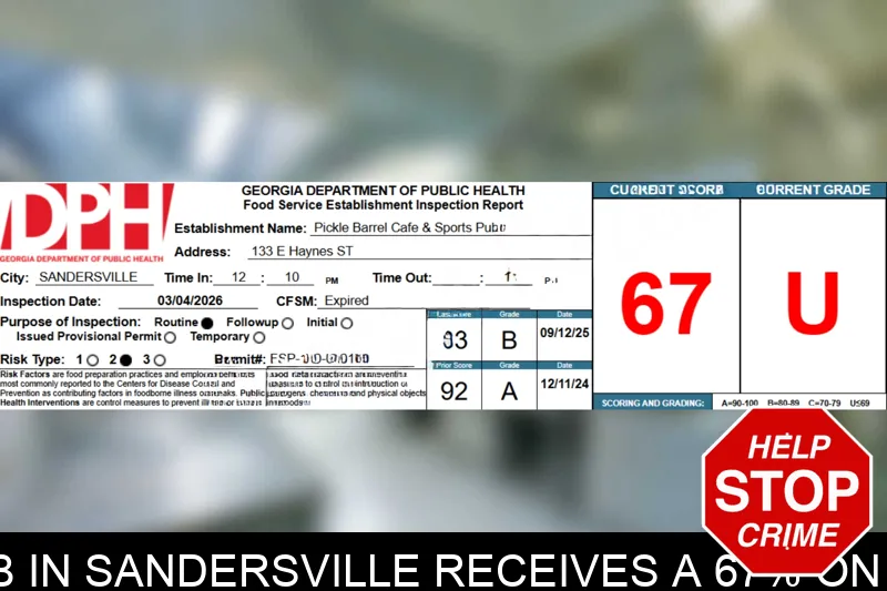 Pickle Barrel Cafe & Sports Pub in Sandersville receives a 67% on their recent health inspection mugshot