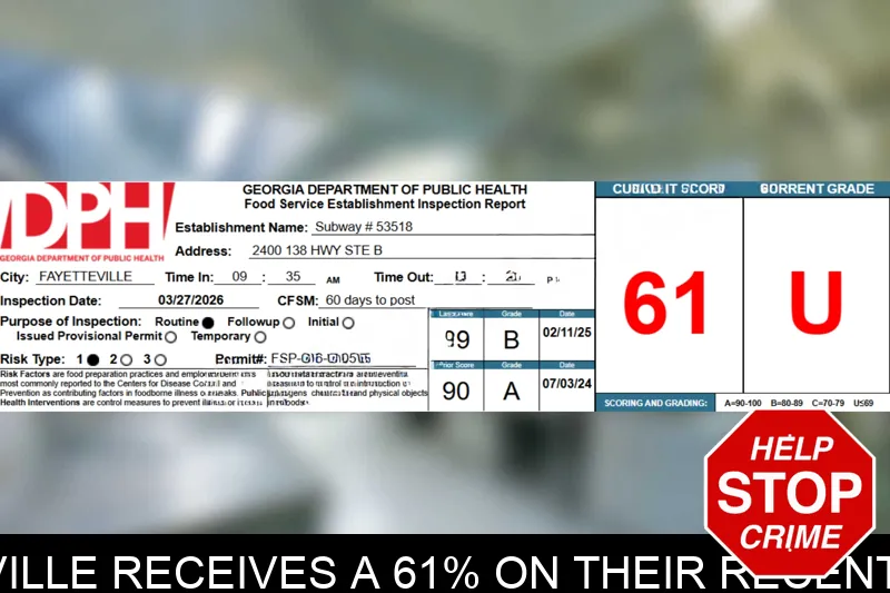 Subway in Fayetteville receives a 61% on their recent health inspection mugshot