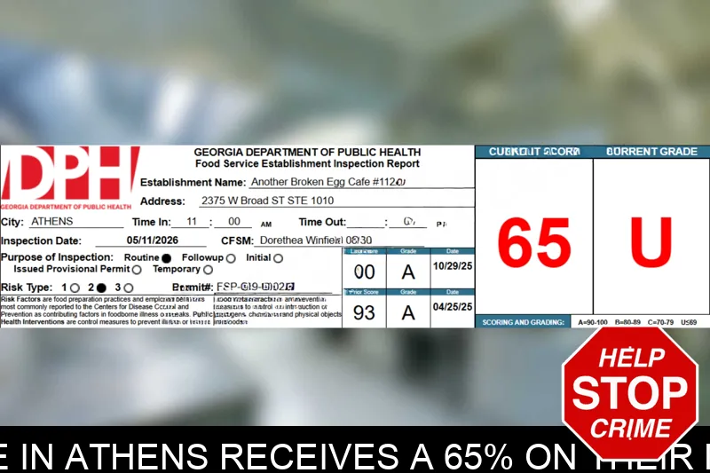 Another Broken Egg Cafe in Athens receives a 65% on their recent health inspection mugshot – Clarke County , Georgia Another Broken Egg Cafe in Athens receives a 65% on their recent health inspection mugshot