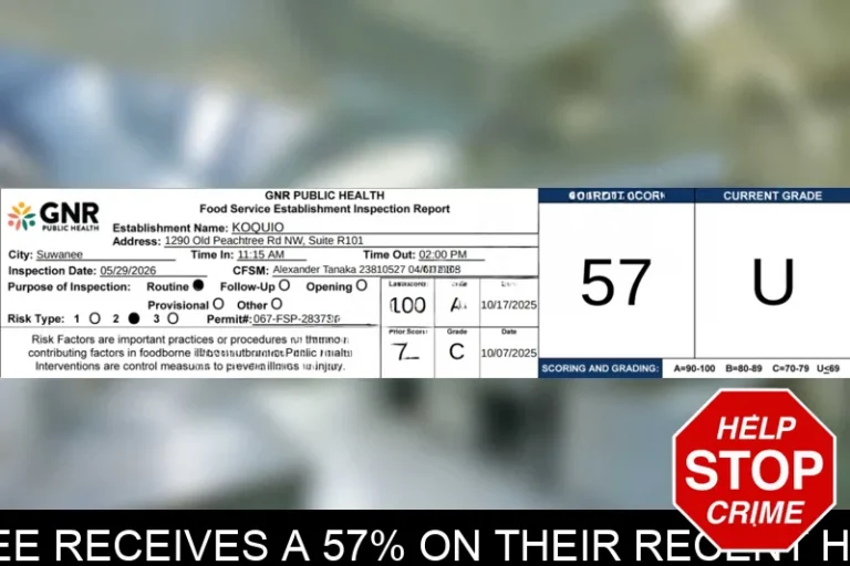 Koquio in Suwanee receives a 57% on their recent health inspection