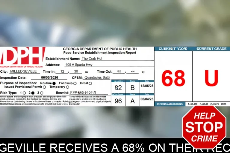 The Crab Hut in Milledgeville receives a 68% on their recent health inspection mugshot – Baldwin County , Georgia The Crab Hut in Milledgeville receives a 68% on their recent health inspection