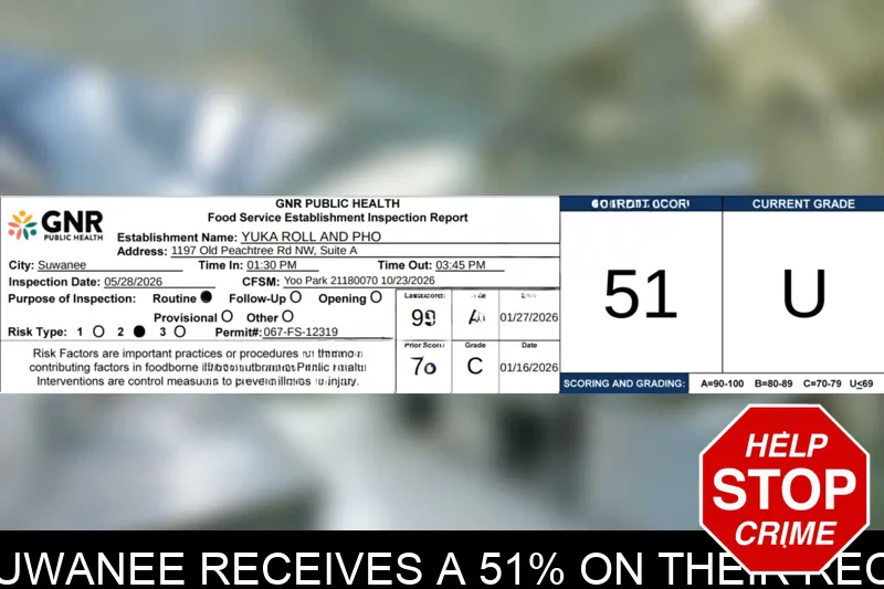 Yuka Roll And Pho in Suwanee receives a 51% on their recent health inspection mugshot – Gwinnett County , Georgia Yuka Roll And Pho in Suwanee receives a 51% on their recent health inspection mugshot